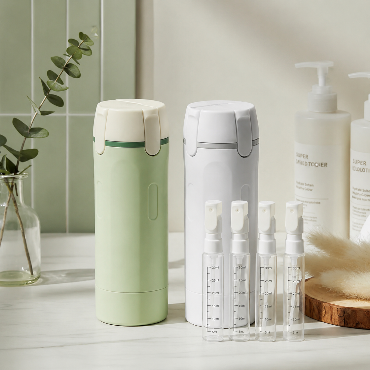 Lathr 4-in-1 travel shower bottle in green and white
